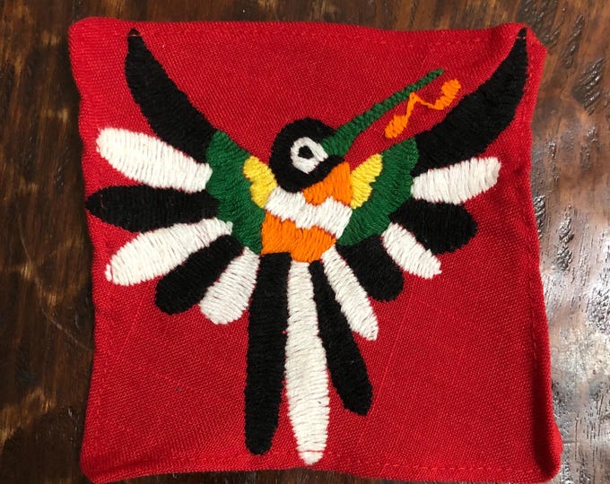 Otomi hand embroidered muslin coaster/cocktail napkin/frame-able art with multicolor bird design approx.  (4.5” x 4.5”)