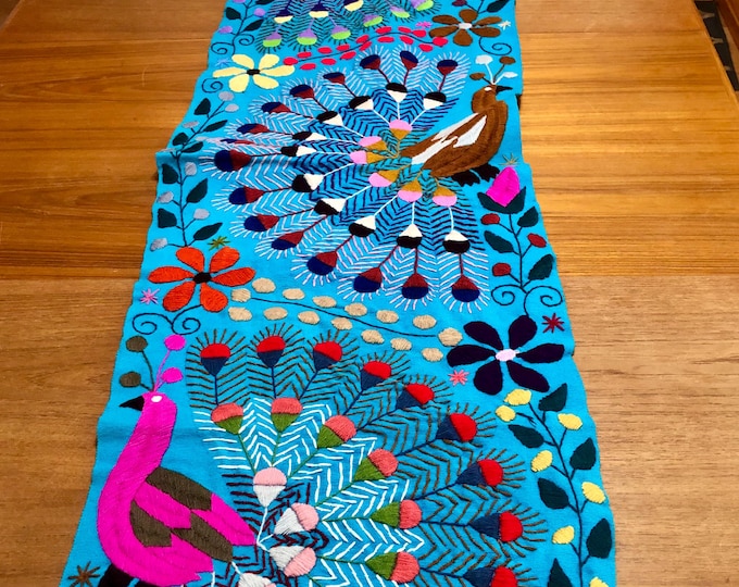 Hand Embroidered Table Runner - Turquoise Base with Multicolored Peacocks and Flowers