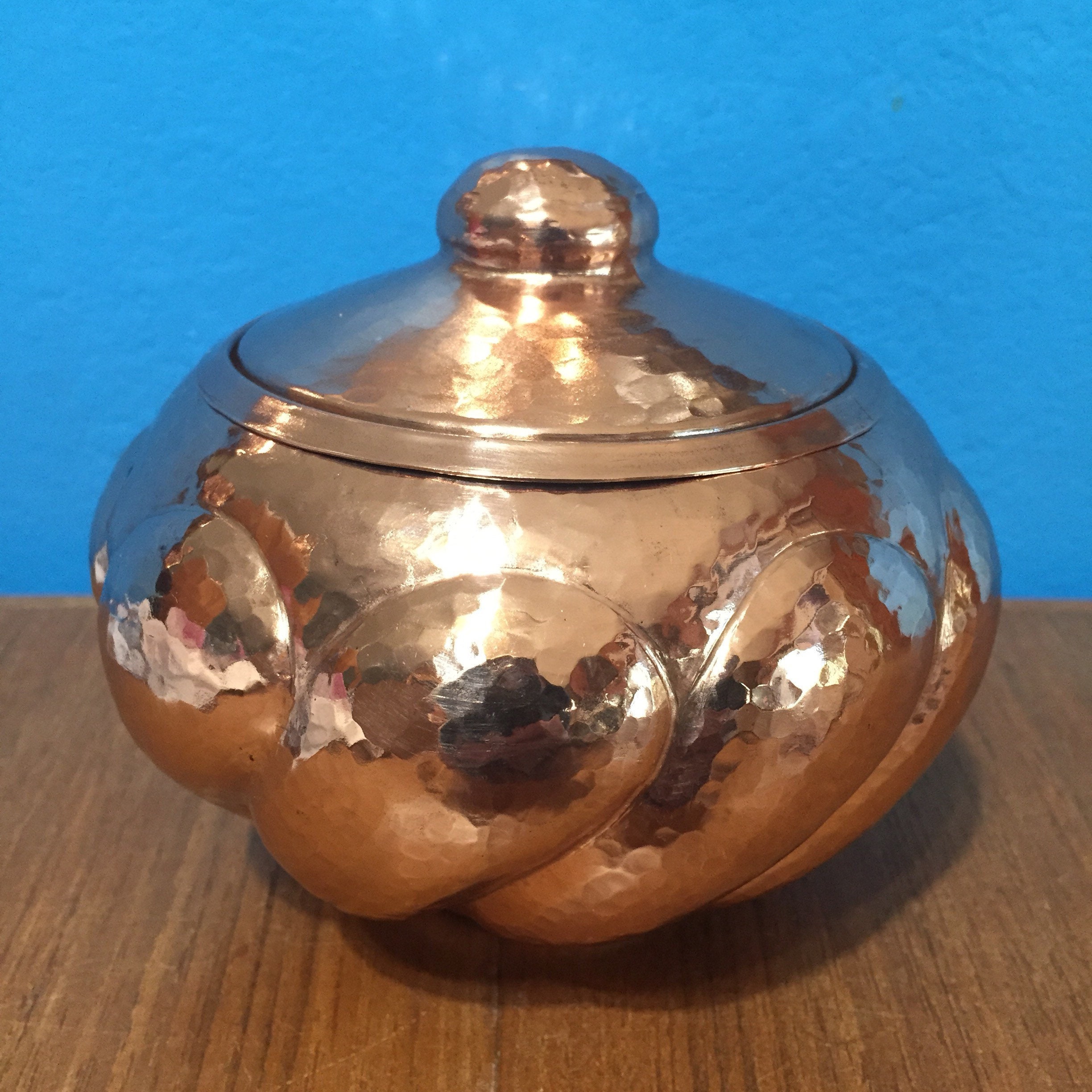 Hammered Copper Round Spiral Design Storage Container with Lid