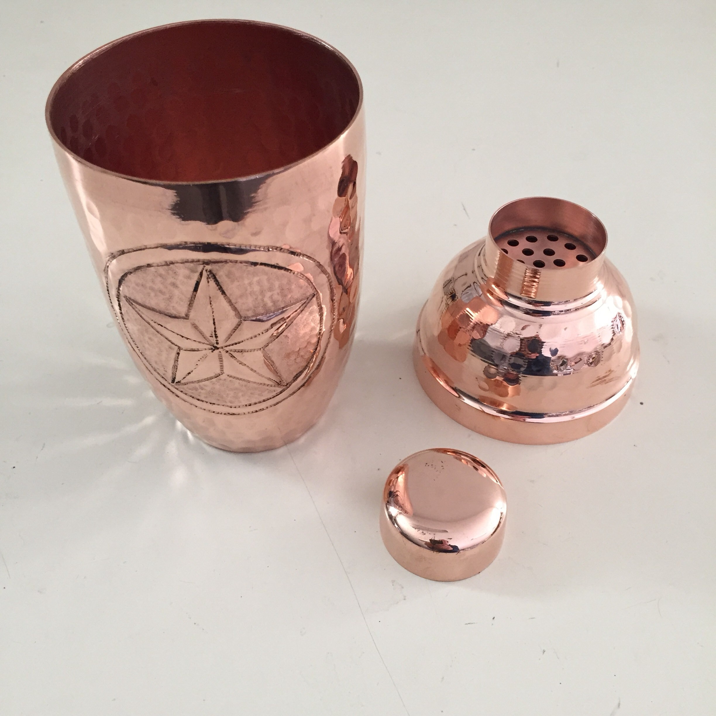 Pure Hammered Copper Cocktail Shaker with Texas Star engraving