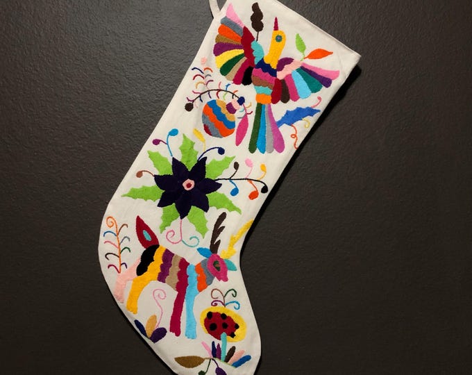 Hand Embroidered Otomi Large Christmas Stocking with Multicolor Embroidery from Hidalgo, Mexico (Off-White Cotton)