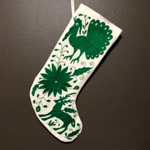 Hand Embroidered Otomi Christmas Stocking: Green Animals, Poinsettia