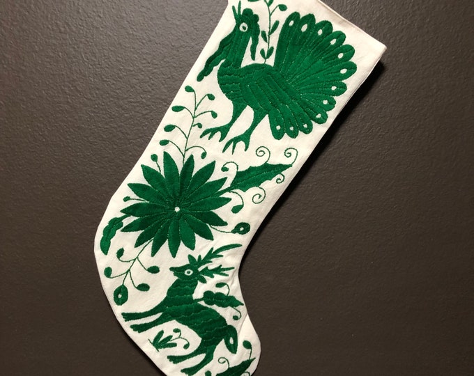 Hand Embroidered Otomi Large Christmas Stocking with Green Embroidery from Hidalgo, Mexico (Off-White Cotton)