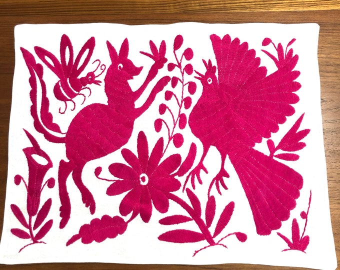 Hand embroidered Otomí placemat /frame-able art with fuchsia  embroidery (approx. 17" x 13”)
