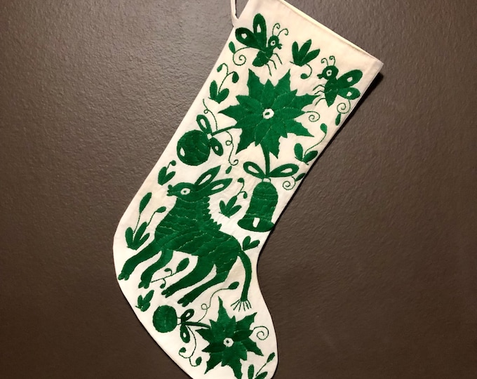 Hand Embroidered Otomi Christmas Stocking: Green Embroidery