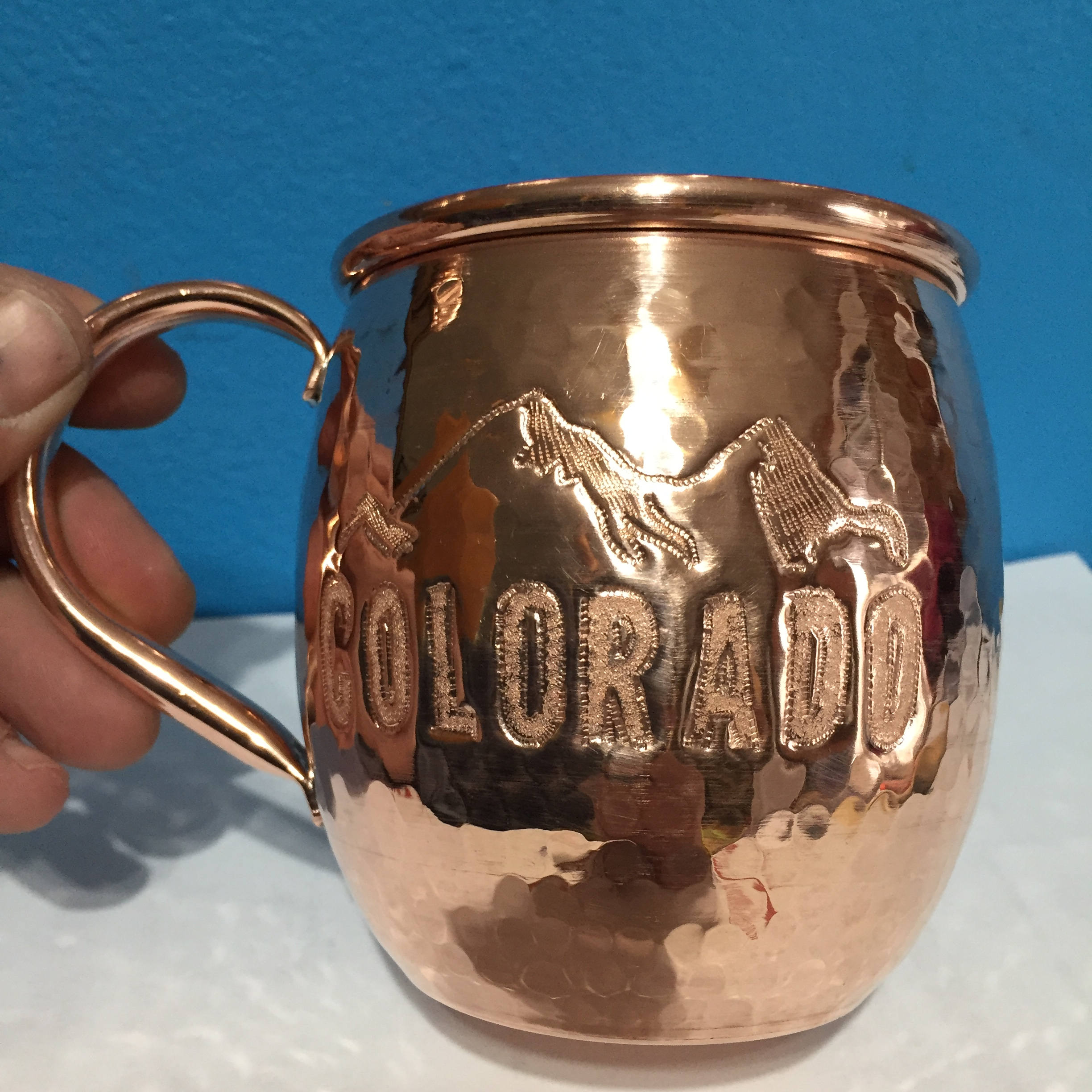 18oz Moscow Mule Hammered Copper Barrel Mug with Colorado and mountains