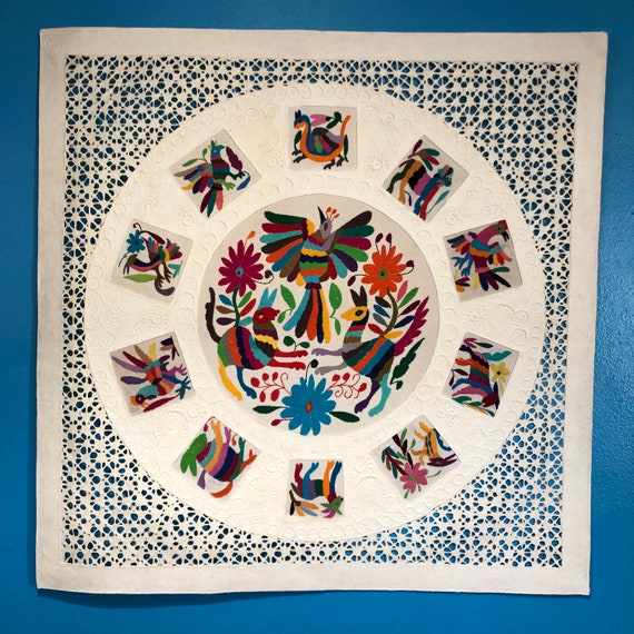 Amate Paper Wall Art With Otom Hand Embroidered Multicolor