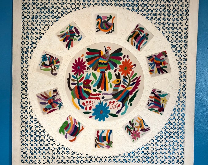 Amate Paper Wall Art with Otomí Hand Embroidered Multicolor Animals and Flowers by Andrés de la Loma (Pahuatlán Puebla Mexico) - 39” x 39”