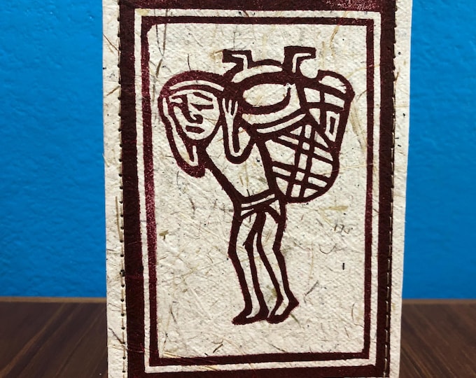 Handmade Small Paper Journal / Notebook with Linocut Print Cornhusk Paper Covers and Eucalyptus Journal Paper (80 pages)