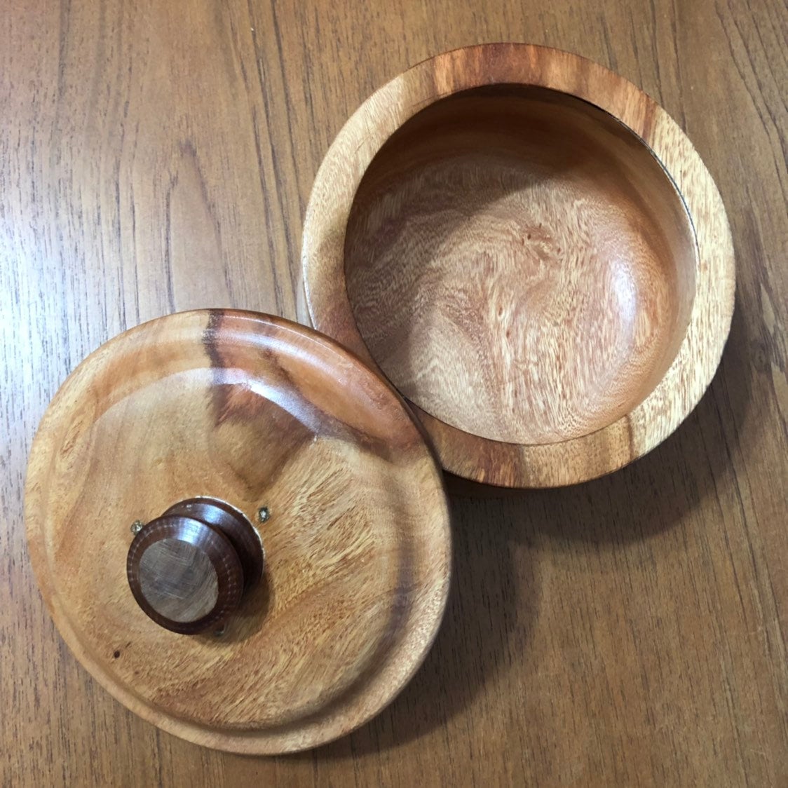 Hand carved wood serving bowl with lid made of Guamuchil wood from Mexico