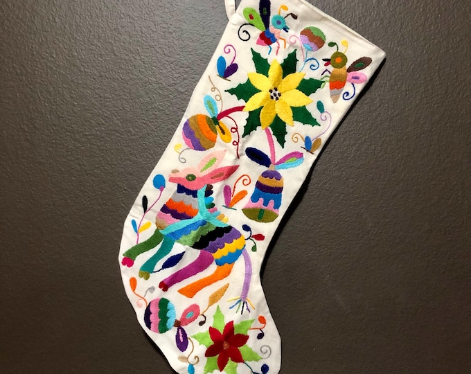 Hand Embroidered Otomi Christmas Stocking: Multicolor Mexican Folk Art