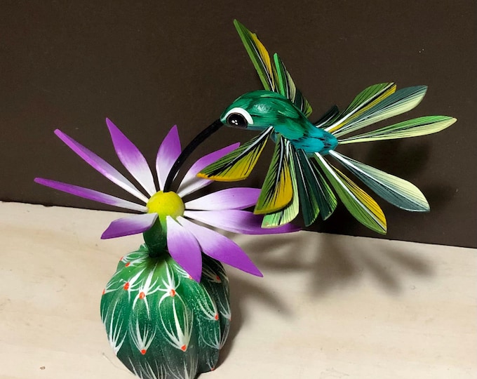 Handcrafted Alebrije Flowering Cactus with Hummingbird Woodcarving from Oaxaca, Mexico