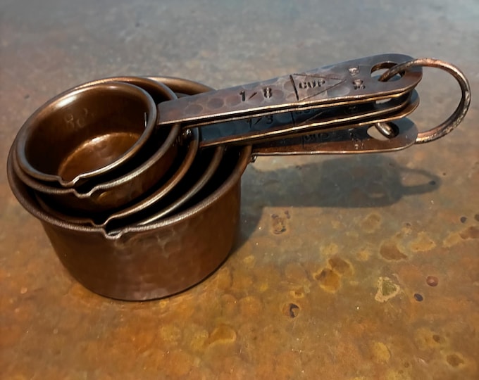Handcrafted Hammered Copper 5-Piece Measuring Cup Set with Hand Engraved Measurements - Brown Patina