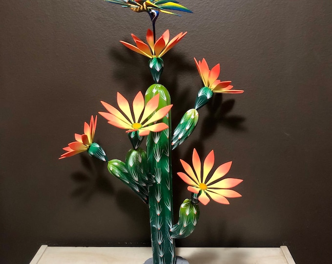 Handcrafted Alebrije Flowering Cactus with Hummingbird Woodcarving from Oaxaca, Mexico