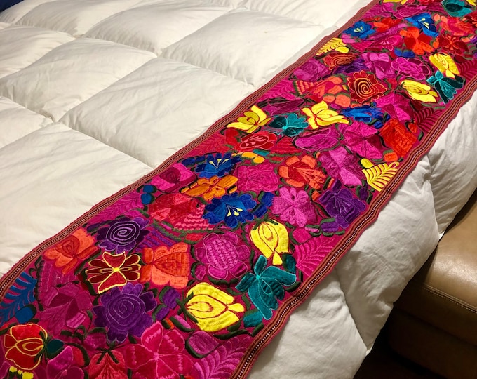 Hand Woven Bed Scarf / Table Runner / Wall Art with Multi-color Embroidery (approx. 94" x 17”)