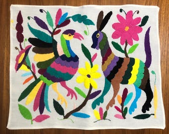 Hand Embroidered Otomi Placemat: Mexican Folk Art (17" x 13") - Multicolor Embroidery