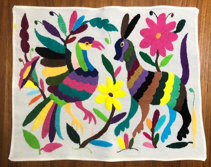 Hand Embroidered Otomi Placemat: Mexican Folk Art (17" x 13") - Multicolor Embroidery