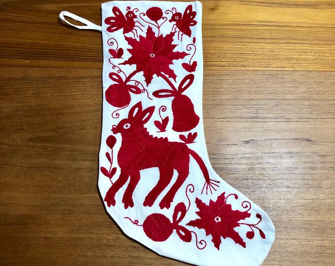 Hand Embroidered Otomi Large Christmas Stocking with Red Embroidery from Hidalgo, Mexico (Off-White Cotton)