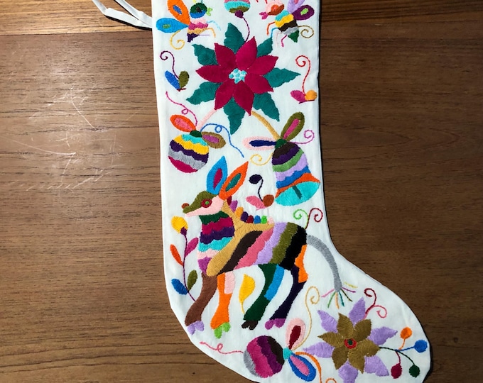 Hand Embroidered Otomi Large Christmas Stocking with Multicolor Embroidery from Hidalgo, Mexico (Off-White Cotton)