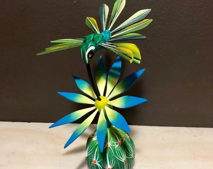 Handcrafted Alebrije Flowering Cactus with Hummingbird Woodcarving from Oaxaca, Mexico