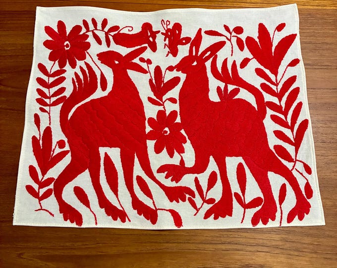 Hand Embroidered Otomi Placemat: Red Mexican Folk Art