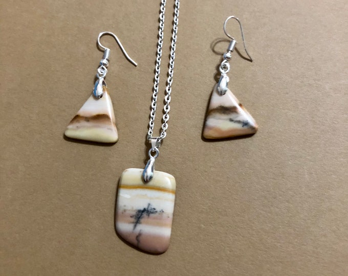 One of a Kind Polished Jasper Stone and Silver Jewelry Set - Pendant and Earrings