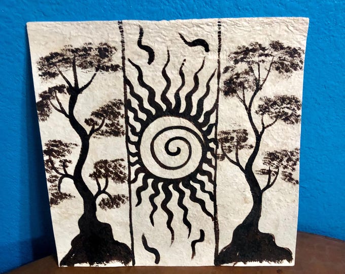 Handmade Amate Paper Wall Art with Trees and Sun with spiral from Mexico