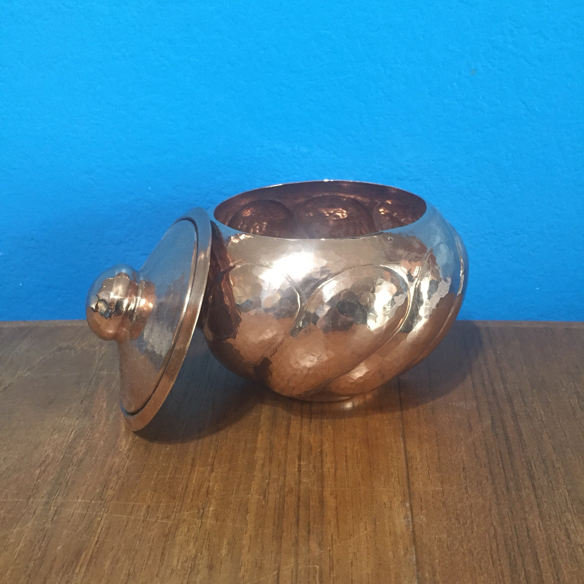 Hammered Copper Round Spiral Design Storage Container with Lid