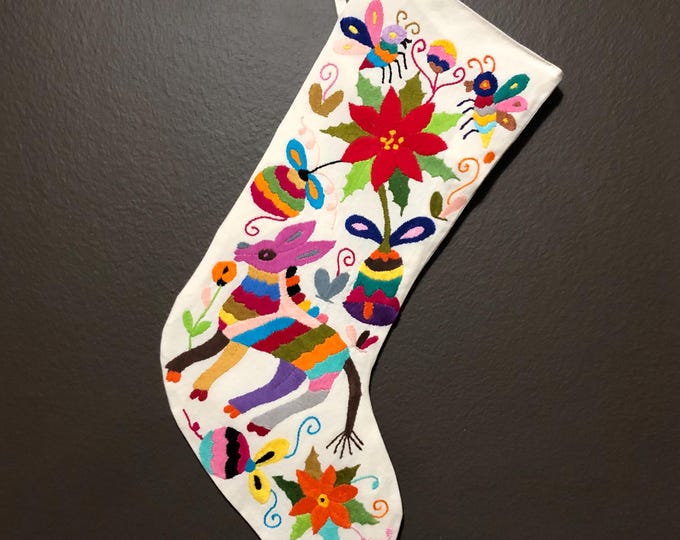 Hand Embroidered Otomi Large Christmas Stocking with Multicolor Embroidery from Hidalgo, Mexico (Off-White Cotton)