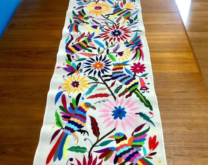 Otomi Hand Embroidered Table Runner / Bed Scarf /  Frame-able Art with Multi-color Embroidery (approx. 75” x 17”)