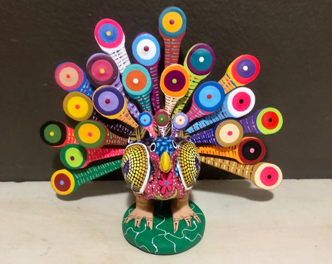 Alebrije Peacock Handcrafted Wood Carving by Zeny Fuentes and Reyna Piña from Oaxaca, Mexico.