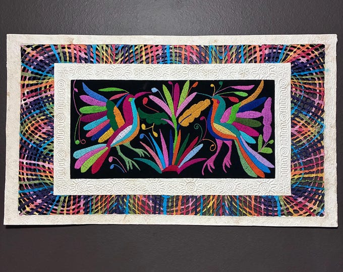Amate Wall Art with Otomi Embroidery: Mexican Folk Art with Multicolored Birds and Flowers (27” x 15 1/2”)