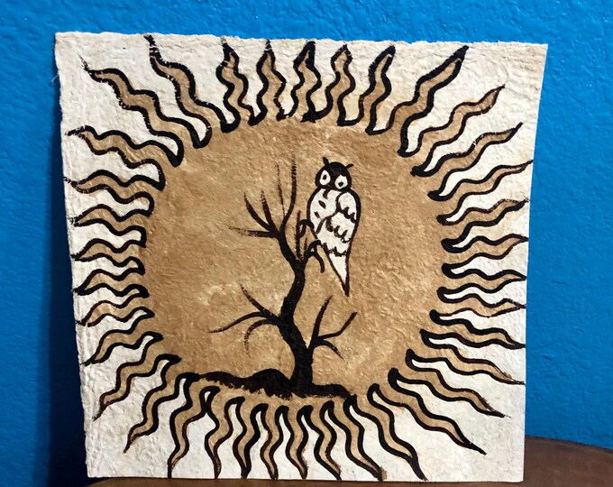 Handmade Amate Paper Wall Art with Owl, Sun, and Tree from Mexico