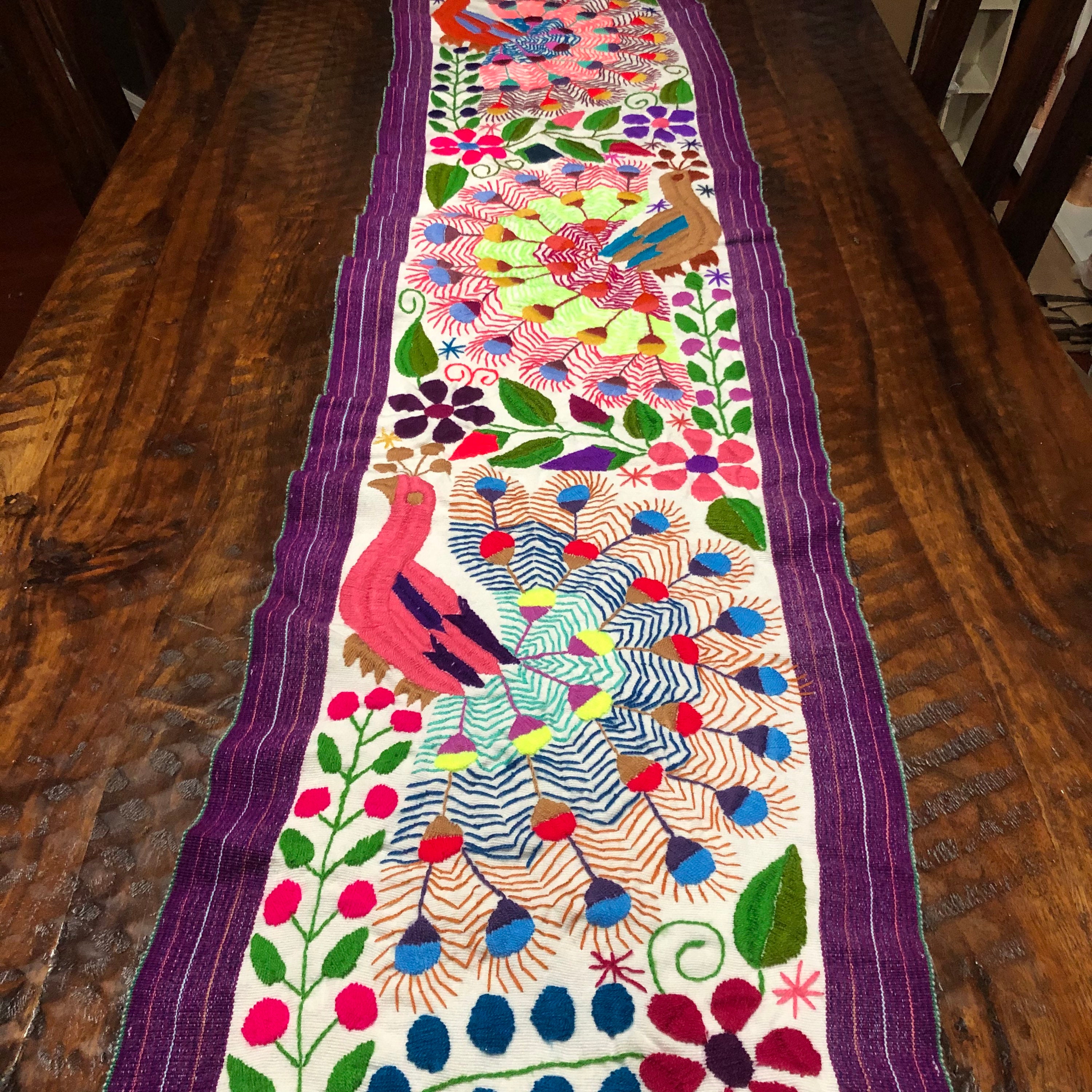 Peacock Hand Embroidered Table Runner White with Purple Border with