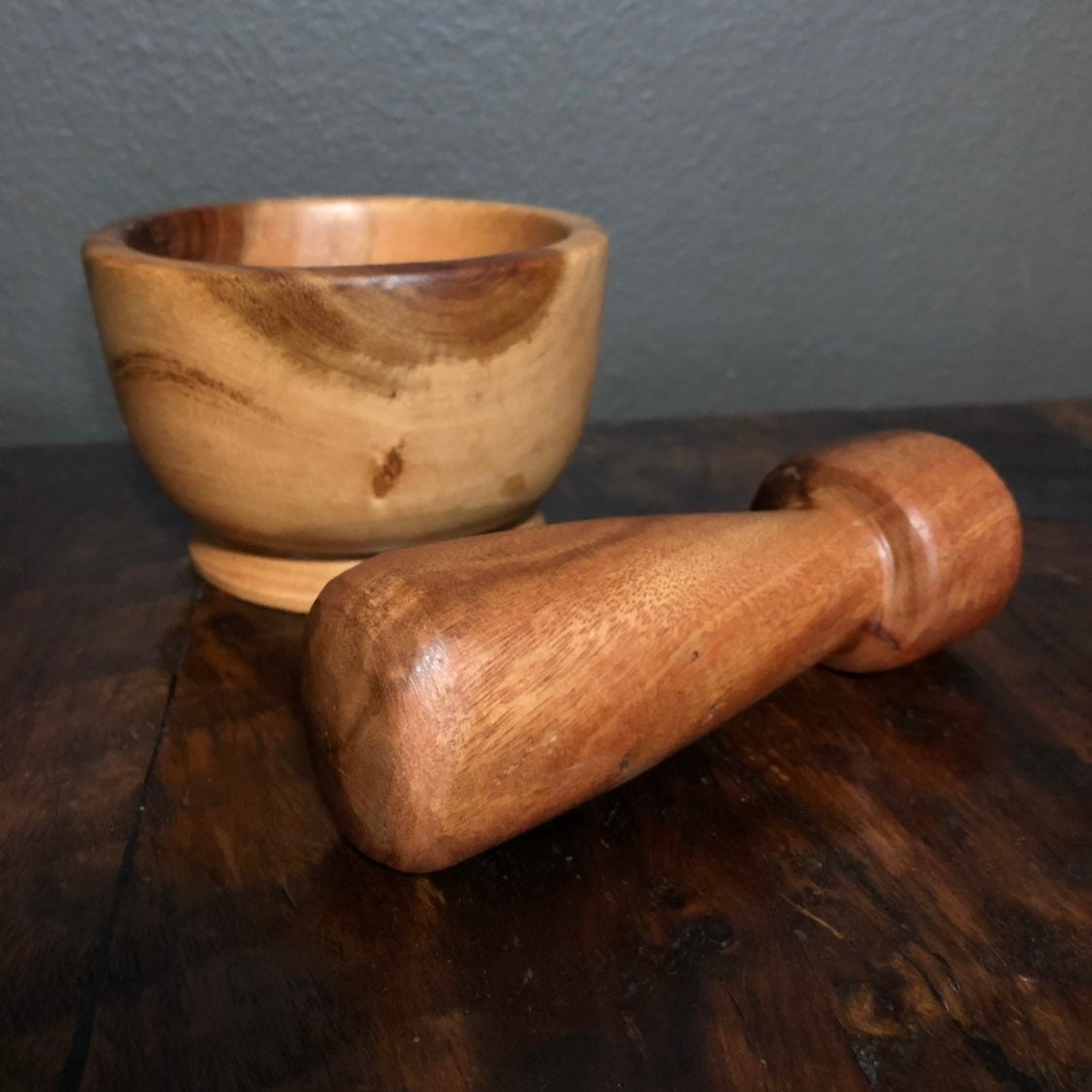 Hand carved wood mortar and pestle made with Guamuchil wood from Mexico