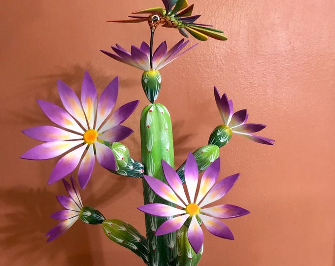 Large Alebrije Flowering Cactus with Hummingbird Woodcarving from Oaxaca, Mexico