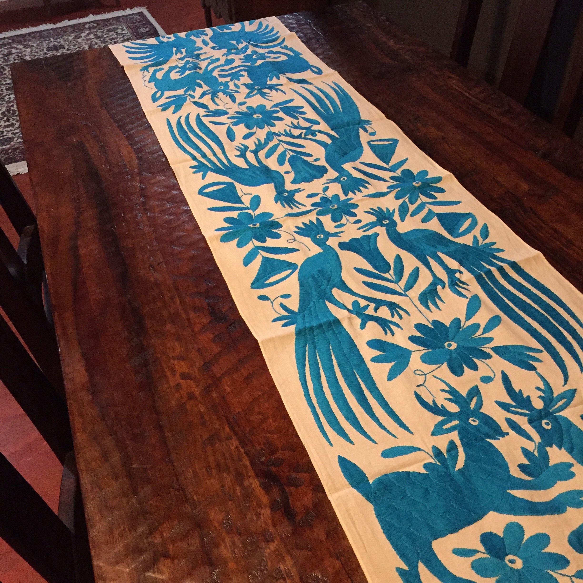 Otomi Hand Embroidered Table Runner Turquoise Blue