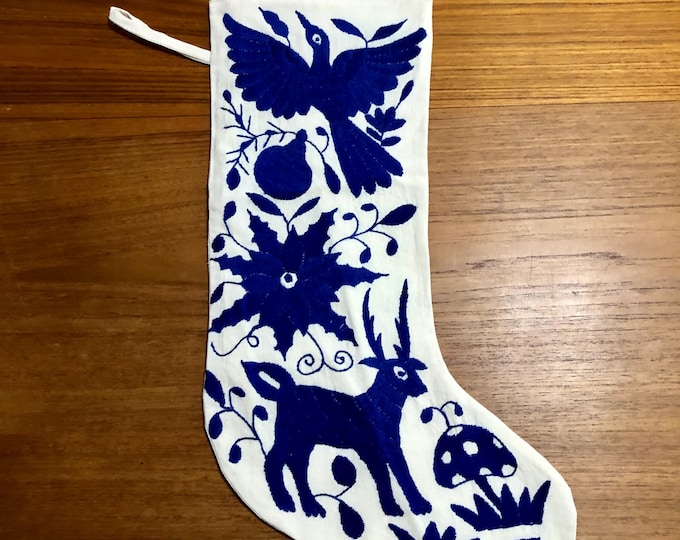 Hand Embroidered Otomi Large Christmas Stocking with Blue Embroidery from Hidalgo, Mexico (Off-White Cotton)