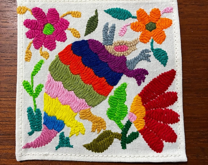 Otomi hand embroidered muslin cotton coaster / cocktail napkin / frame-able art with multicolored animal and flowers. (4 1/4” x 4 1/4”)