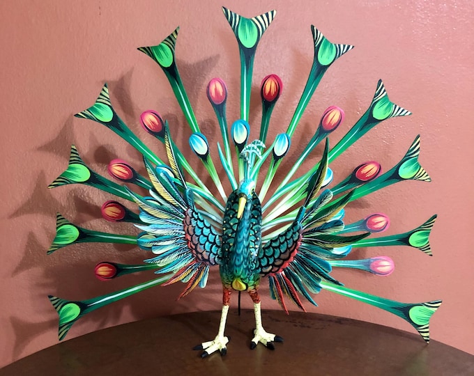Alebrije Large Peacock Handcrafted Wood Carving by Esperanza Martinez from Oaxaca, Mexico.