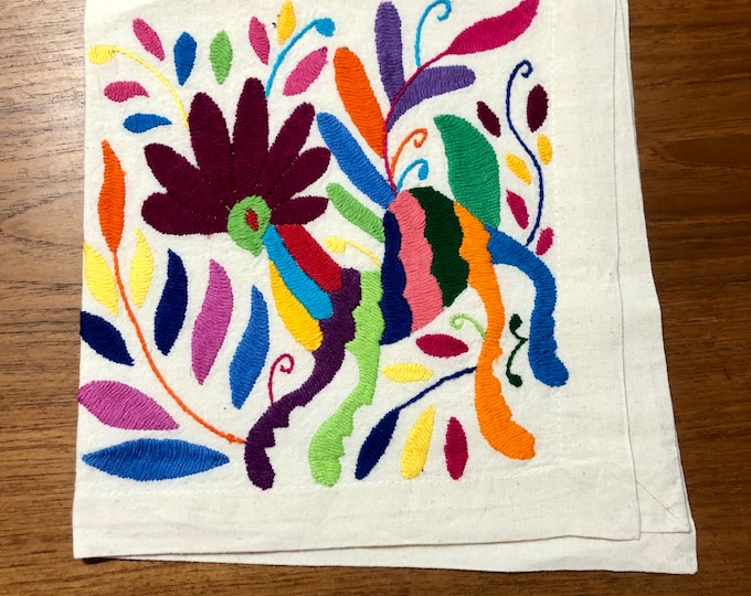 Otomi hand embroidered 19" x 19" muslin napkin - with spirit animal - multi-colored