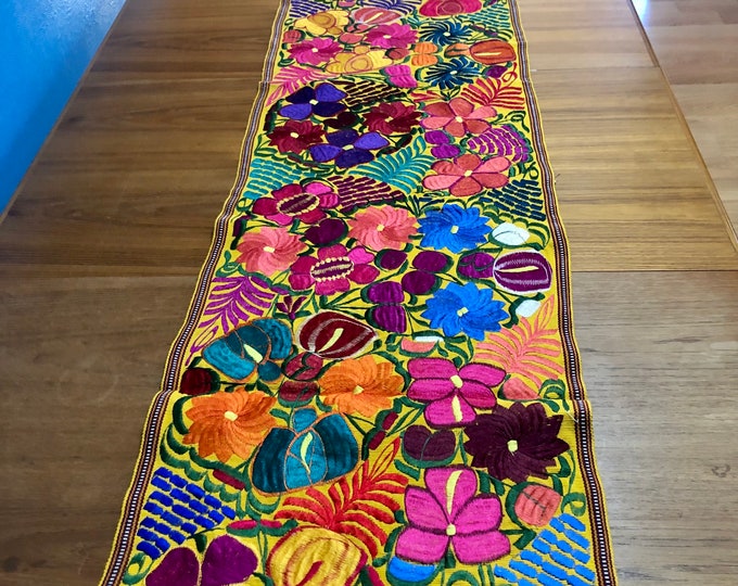 Hand Woven Bed Scarf / Table Runner / Wall Art with Multi-color Embroidery (approx. 96" x 17")