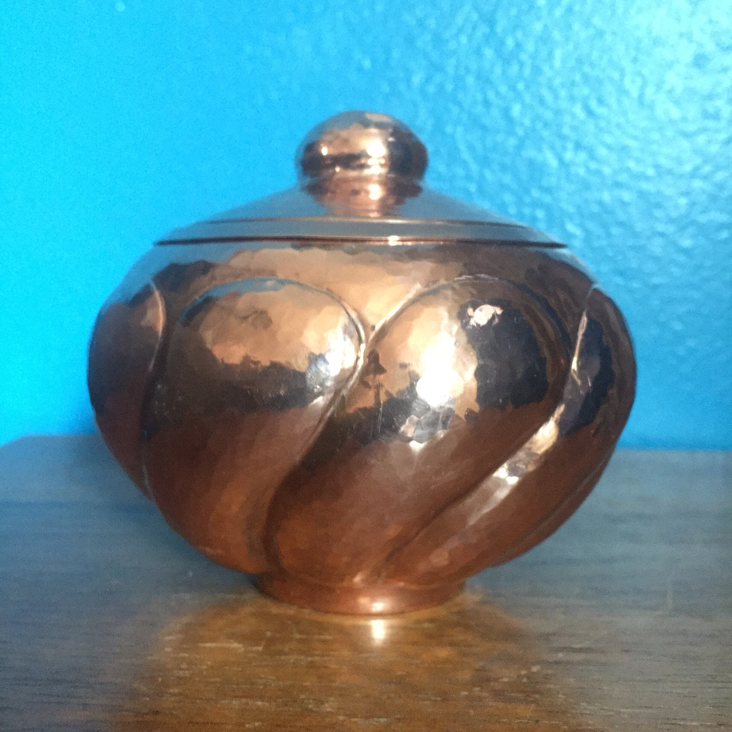 Hammered Copper Round Spiral Design Storage Container with Lid