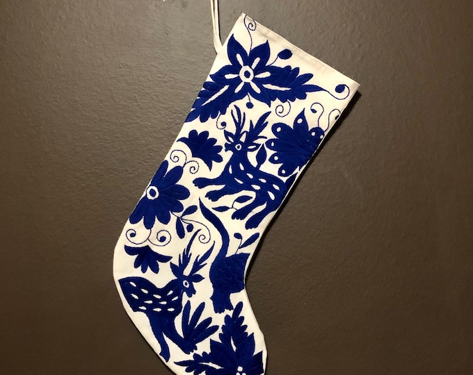 Hand Embroidered (Off White Cotton) Otomi Large Christmas Stocking with Indigo Blue Embroidery from Hidalgo, Mexico
