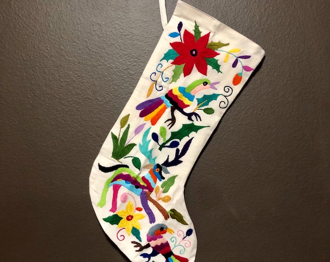 Hand Embroidered Otomi Christmas Stocking: Multicolor Mexican Folk Art