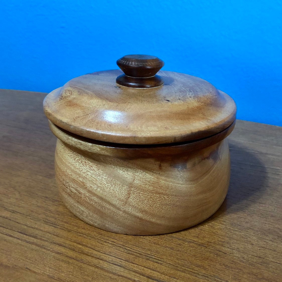 Hand carved wood serving bowl with lid made of Guamuchil wood from Mexico