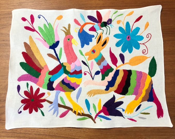 Hand embroidered Otomí placemat /frame-able art with multicolor embroidery (approx. 17" x 13”)