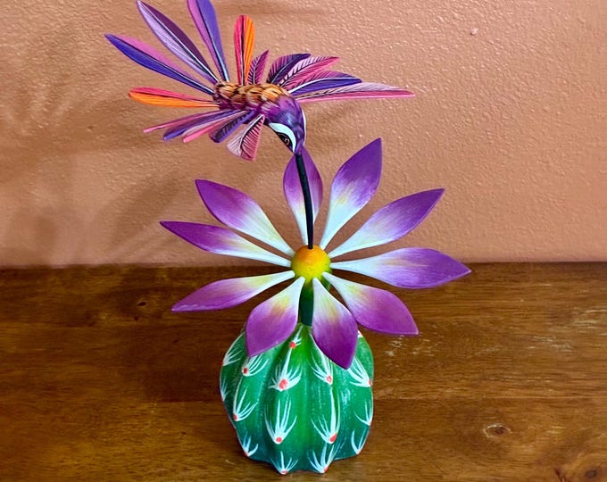 Handcrafted Alebrije Flowering Cactus with Hummingbird Woodcarving from Oaxaca, Mexico
