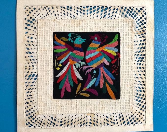 Amate Bark Paper Wall Art with woven border and hand embroidered Otomi bird design (15 3/4” x 15 3/4”)