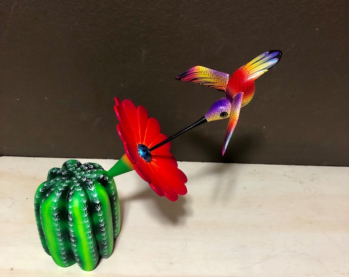 Alebrije Hummingbird and Cactus Flower Handcrafted Wood Carving by Michelle Fuentes from Oaxaca, Mexico.